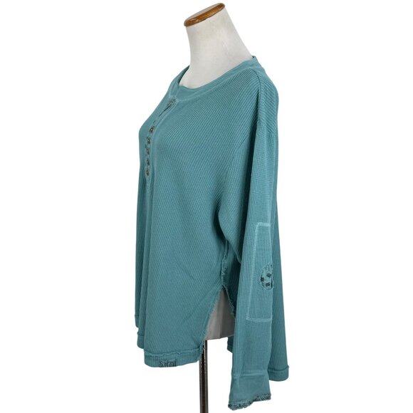NWT Free People Aqua Henley Distressed Relaxed Thermal |  Coastal Boho Grunge M - Picture 14 of 16